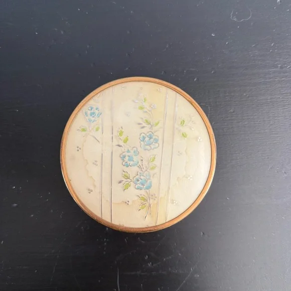 Vintage | Art Deco Round Glass Powder Jar with Metal Lid Enclosing Gold Tapestry - Picture 7 of 7